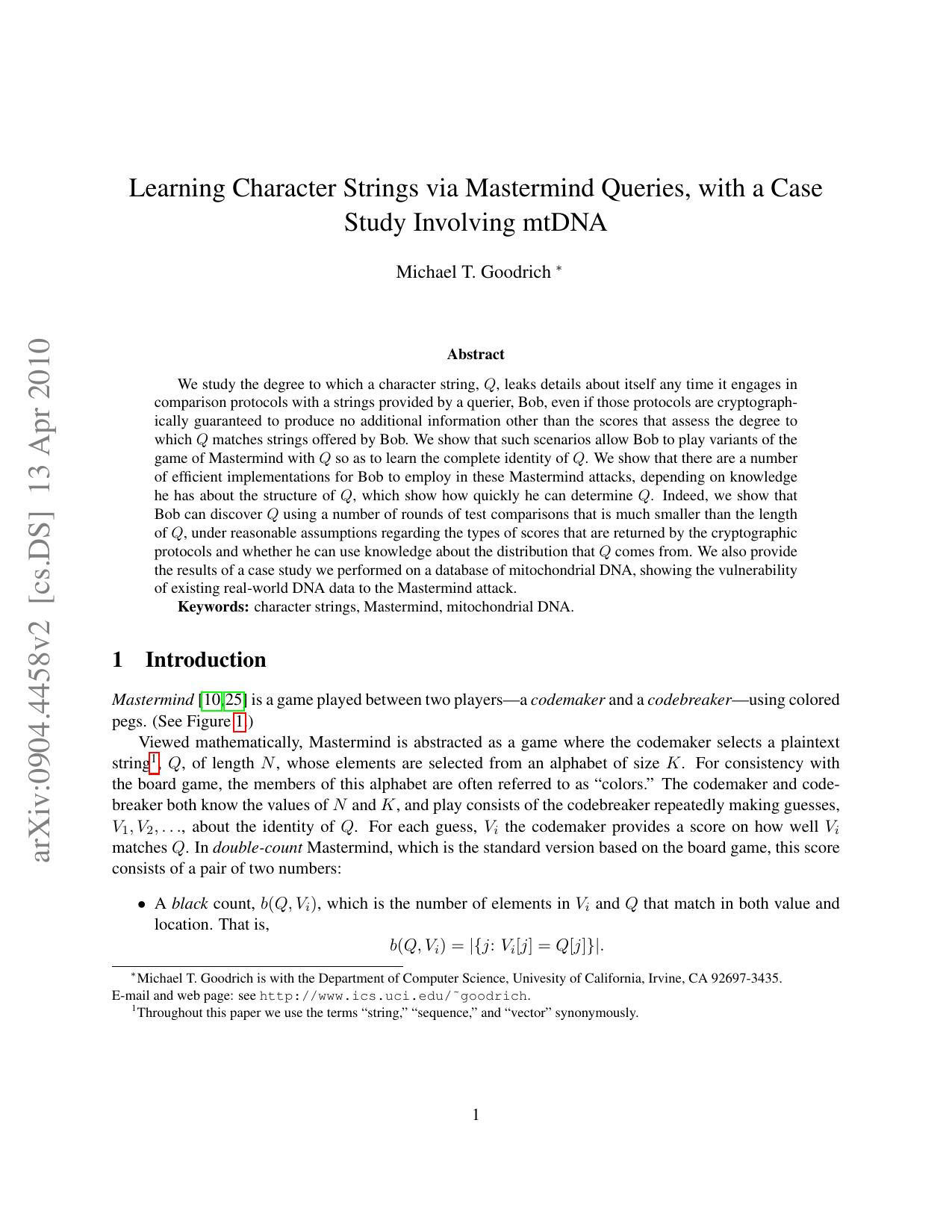 Learning Character Strings via Mastermind Queries, with a Case Study   Involving mtDNA