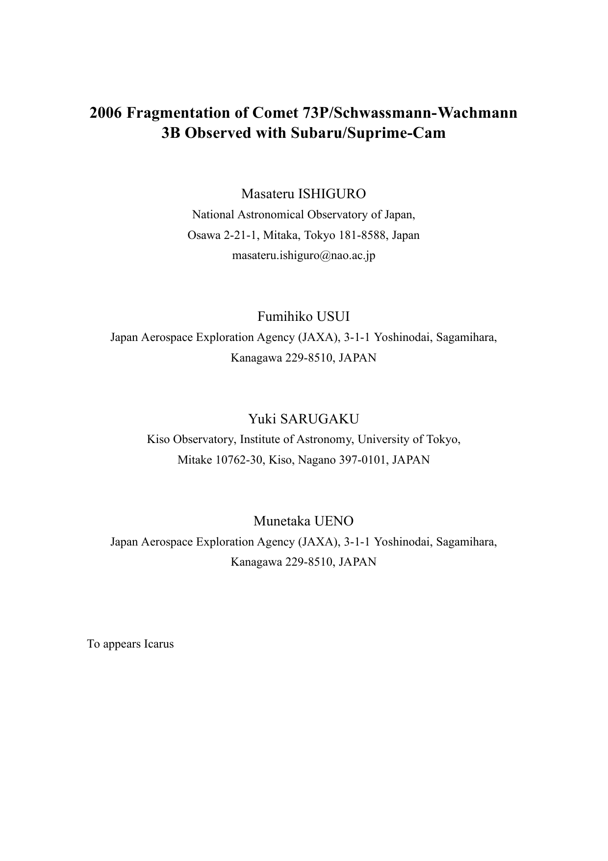 2006 Fragmentation of Comet 73P/Schwassmann-Wachmann 3B Observed with   Subaru/Suprime-Cam