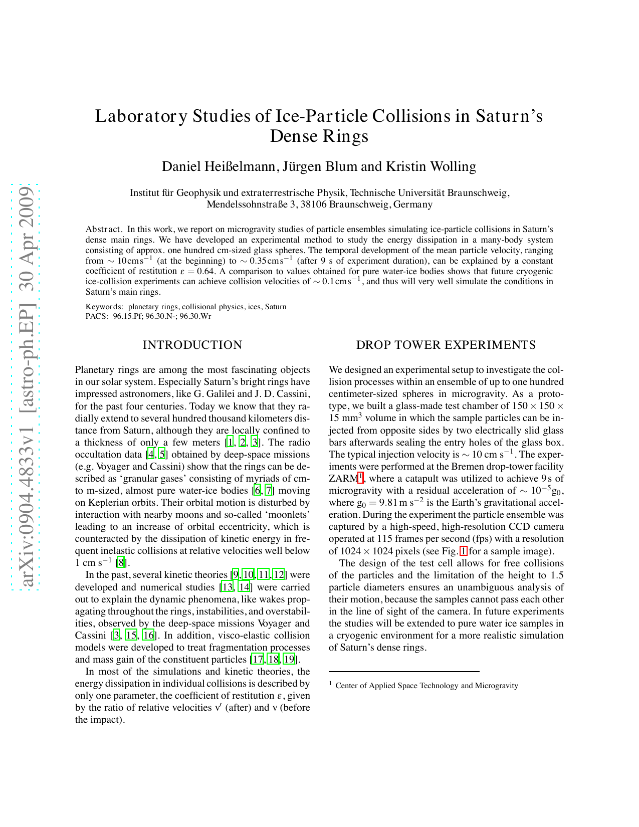 Laboratory studies of ice-particle collisions in Saturns dense rings