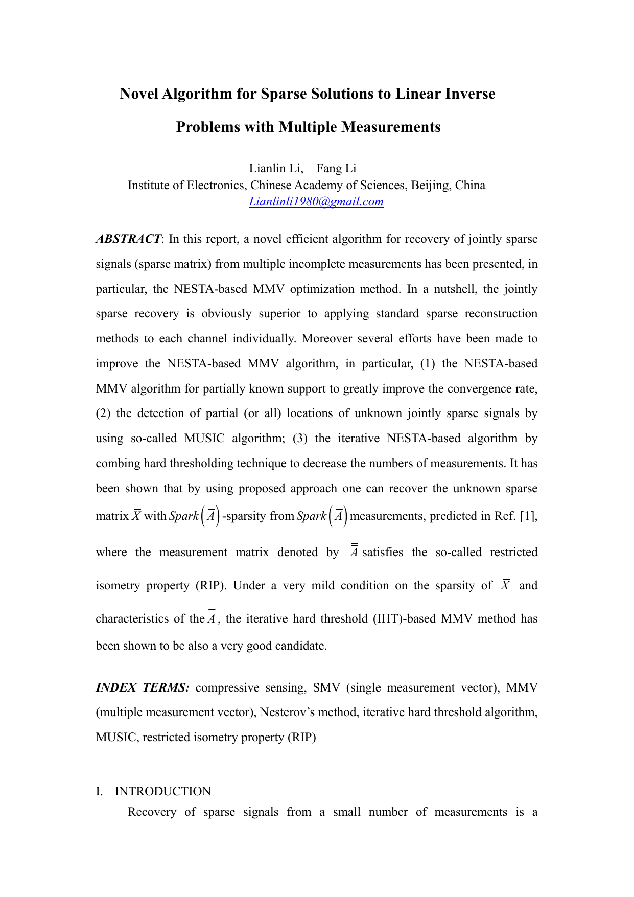 Novel Algorithm for Sparse Solutions to Linear Inverse Problems with   Multiple Measurements