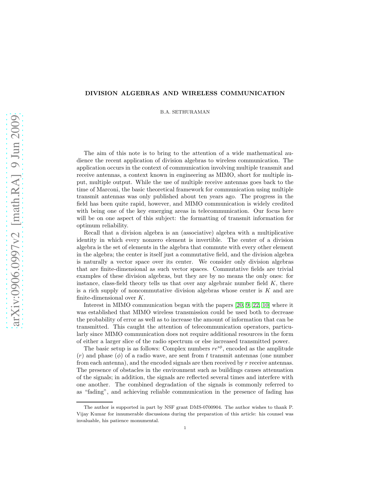 Division Algebras and Wireless Communication