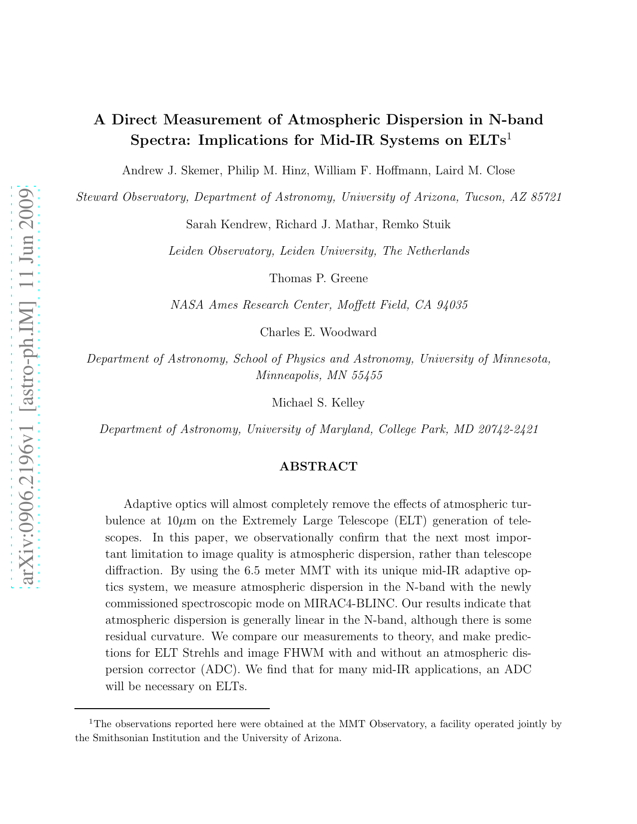 A Direct Measurement of Atmospheric Dispersion in N-band Spectra:   Implications for Mid-IR Systems on ELTs