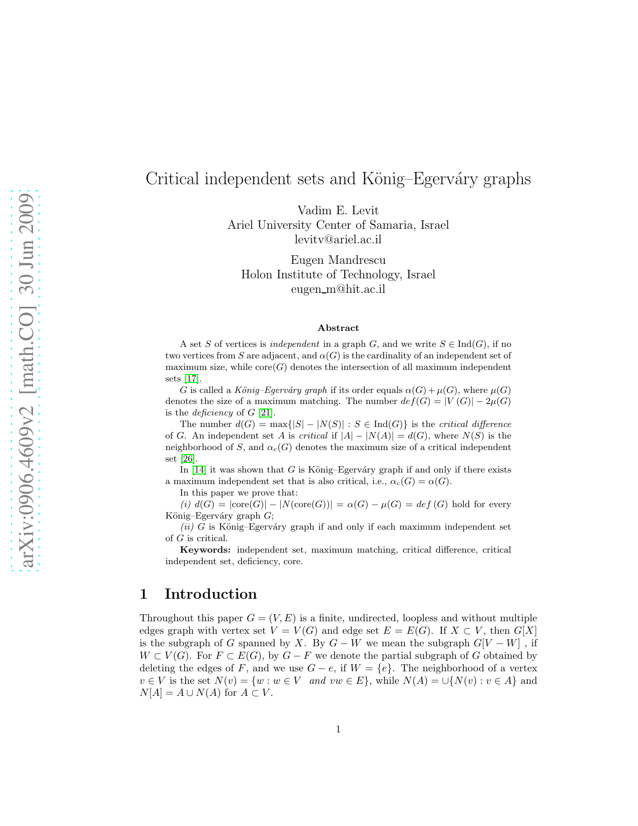 Critical independent sets and Konig--Egervary graphs
