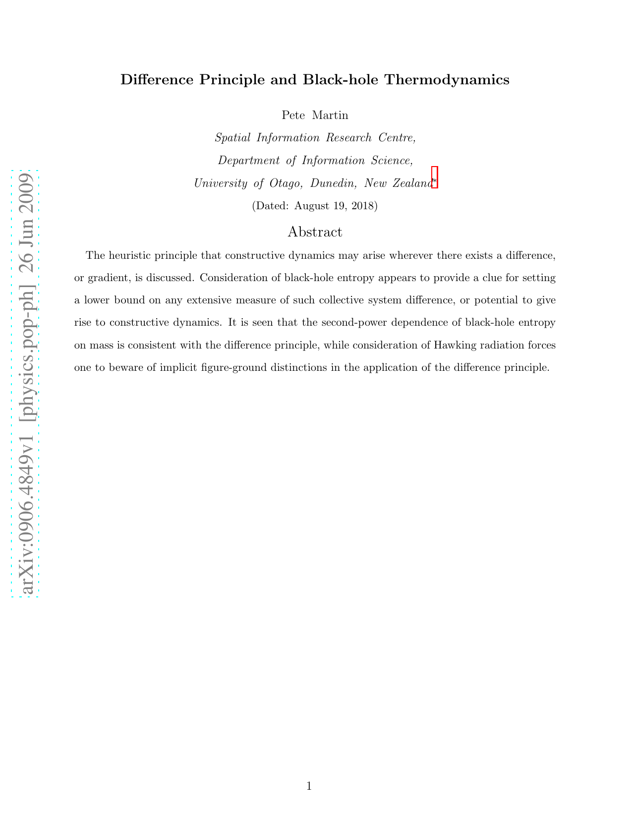 Difference Principle and Black-hole Thermodynamics