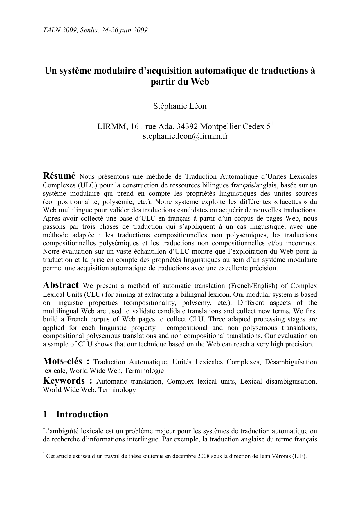 Un syst`eme modulaire dacquisition automatique de traductions `a   partir du Web