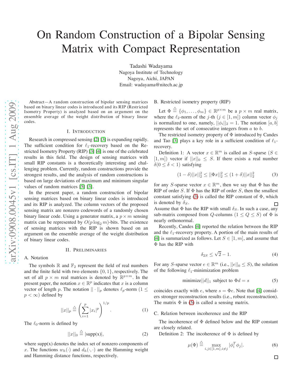 On Random Construction of a Bipolar Sensing Matrix with Compact   Representation