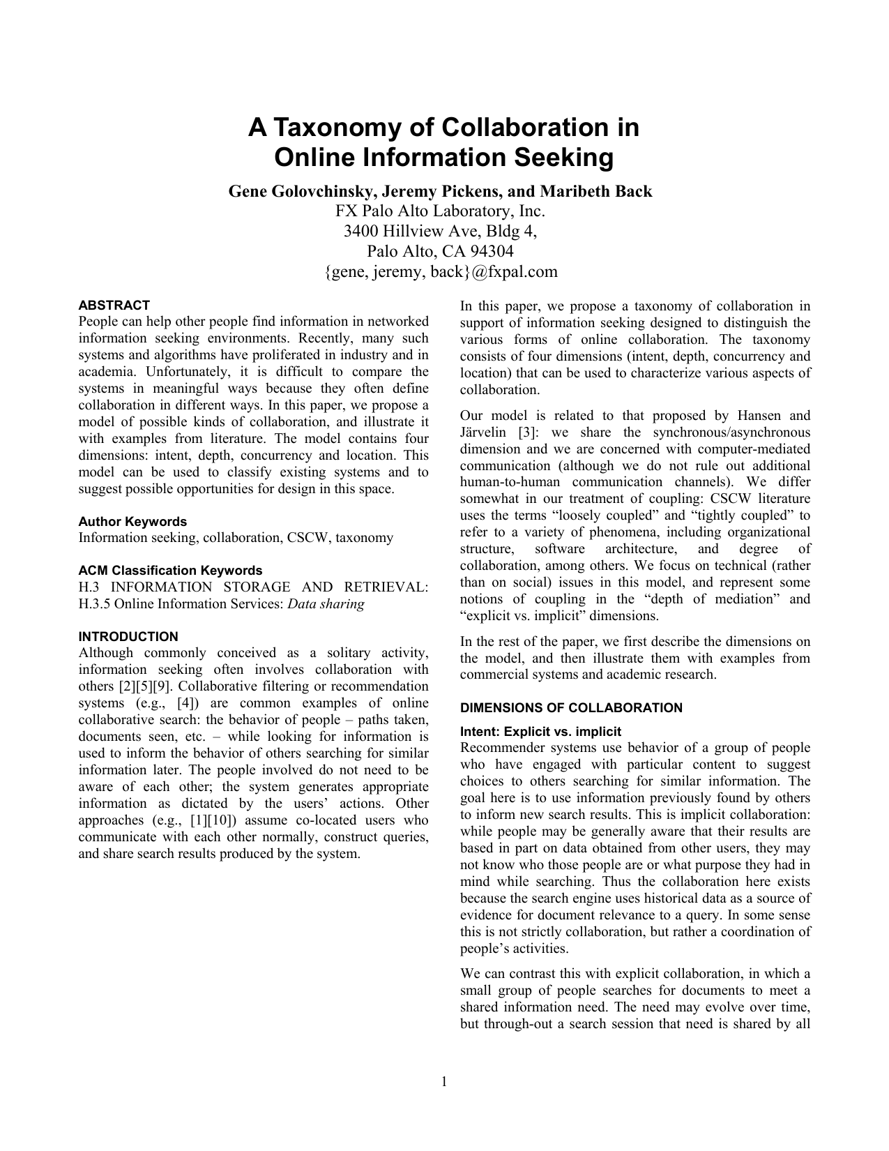 A Taxonomy of Collaboration in Online Information Seeking