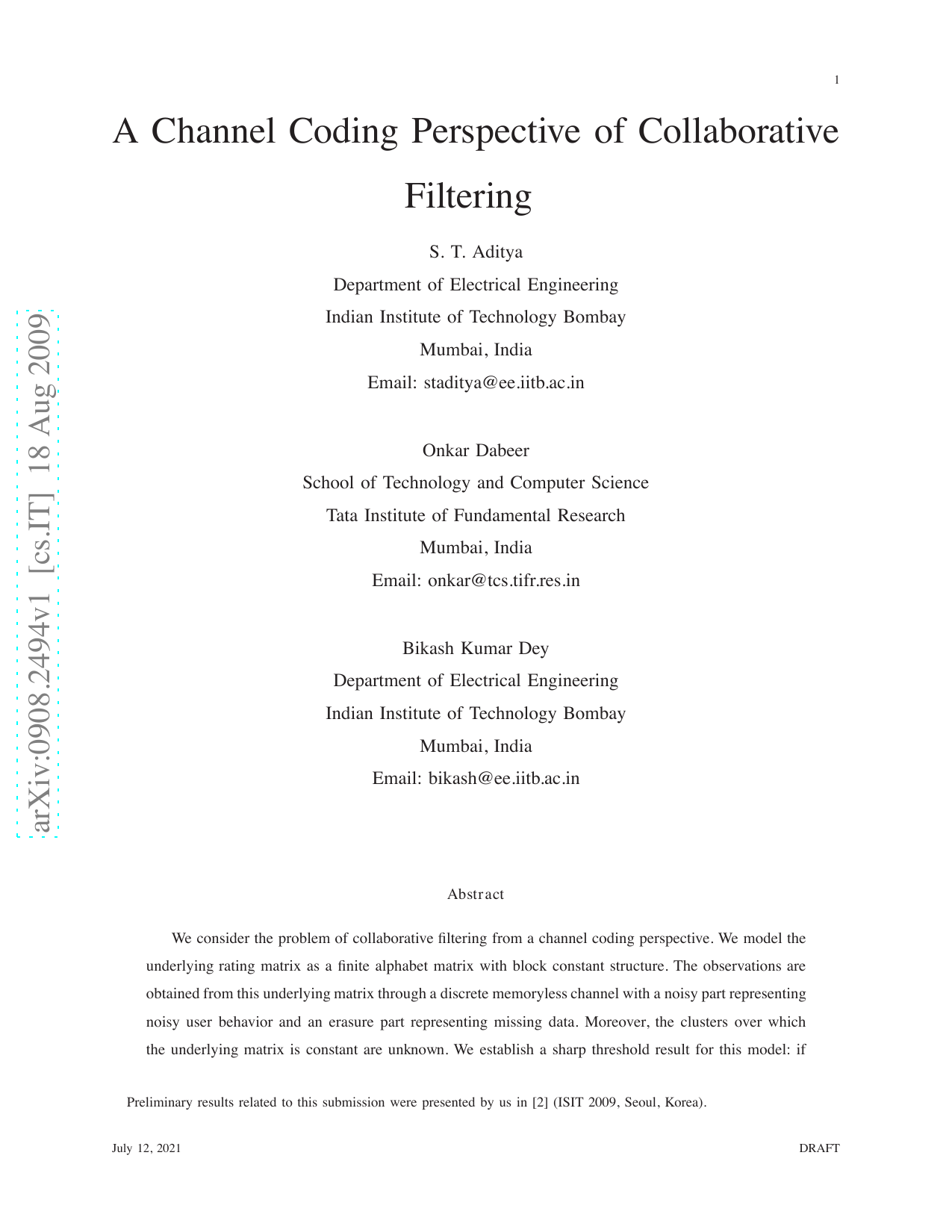 A Channel Coding Perspective of Collaborative Filtering