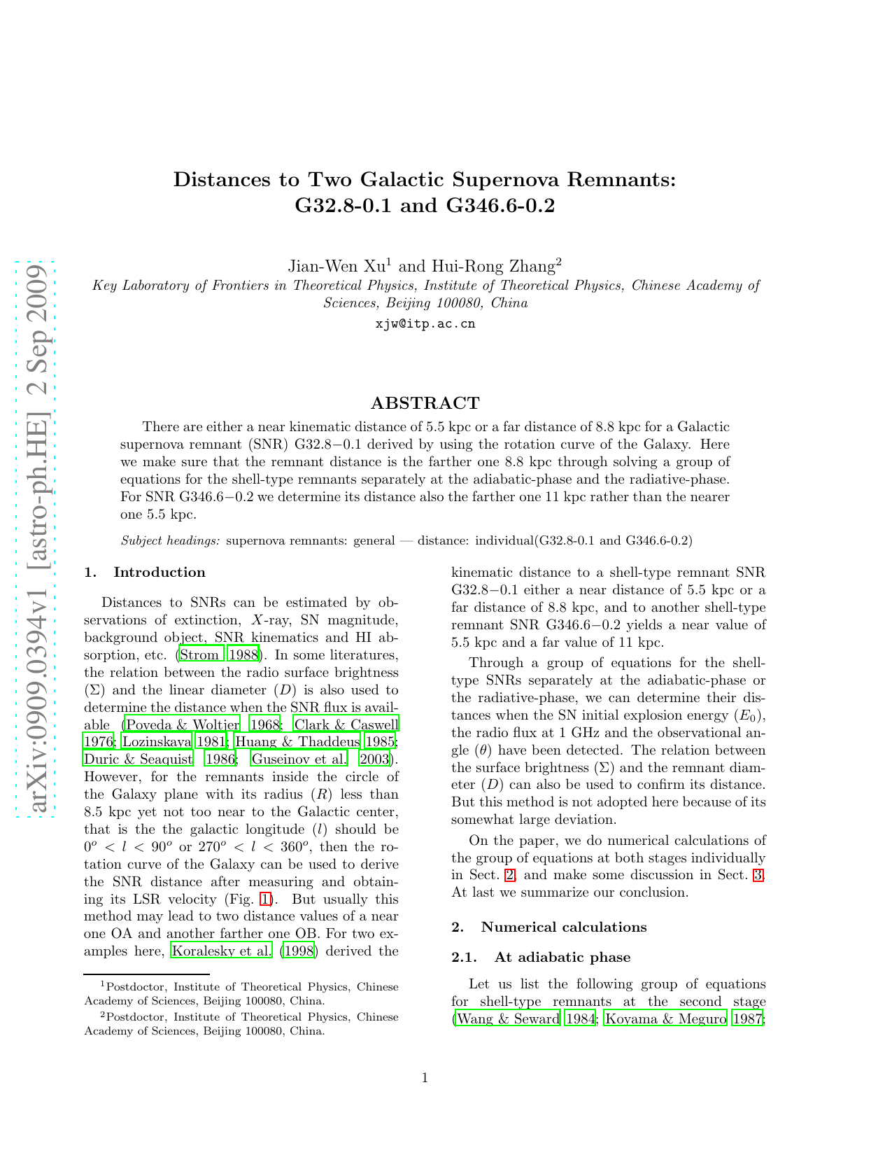 Distances to Two Galactic Supernova Remnants: G32.8-0.1 and G346.6-0.2