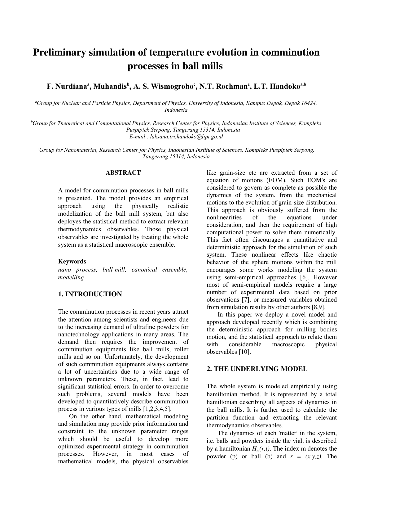 Preliminary simulation of temperature evolution in comminution processes   in ball mills