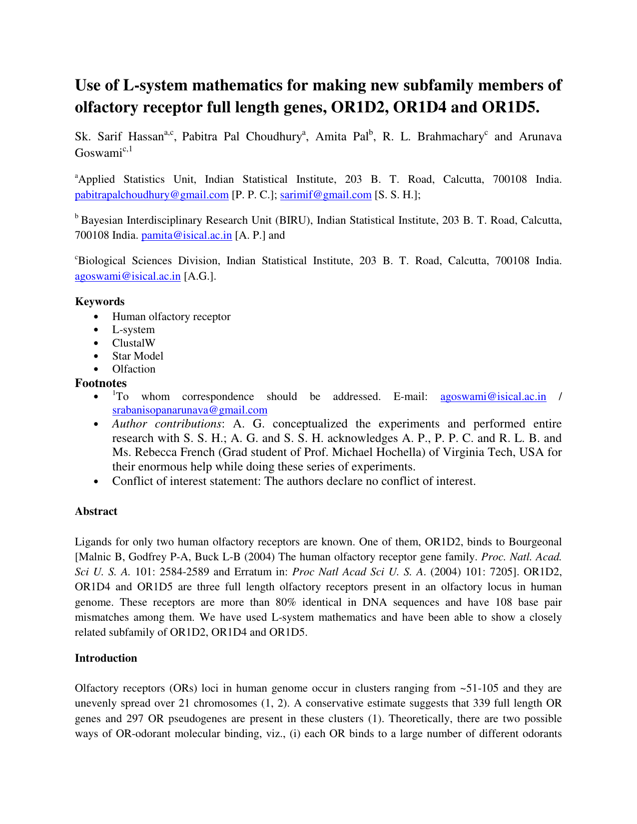 Use of L-system mathematics for making new subfamily members of   olfactory receptor full length genes, OR1D2, OR1D4 and OR1D5