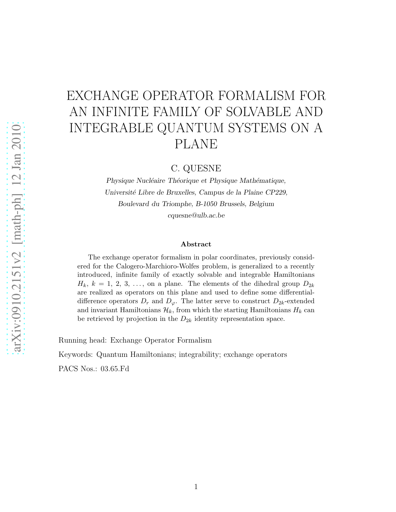 Exchange operator formalism for an infinite family of solvable and   integrable quantum systems on a plane