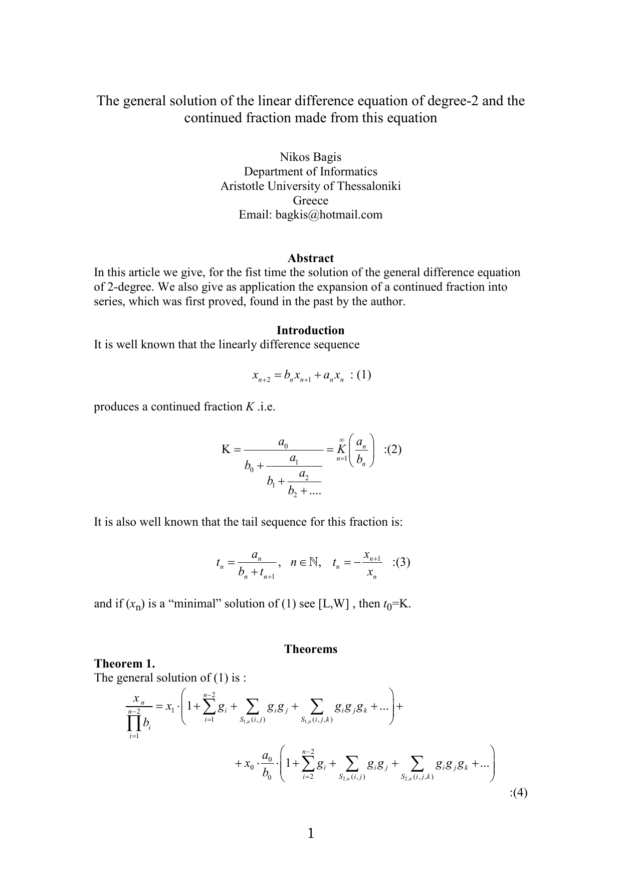 The general solution of the linear difference equation of degree-2 and   the continued fraction produced from this equation