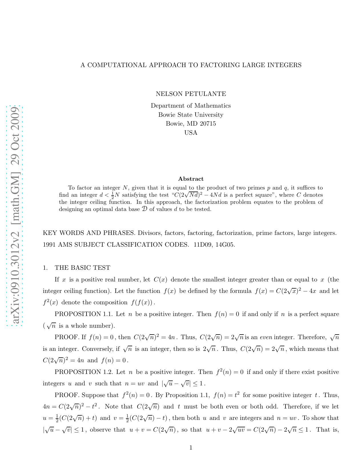A Computational Approach to Factoring Large Integers