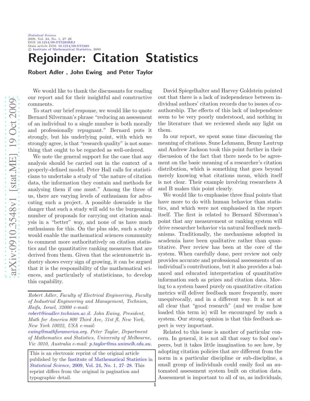 Rejoinder: Citation Statistics
