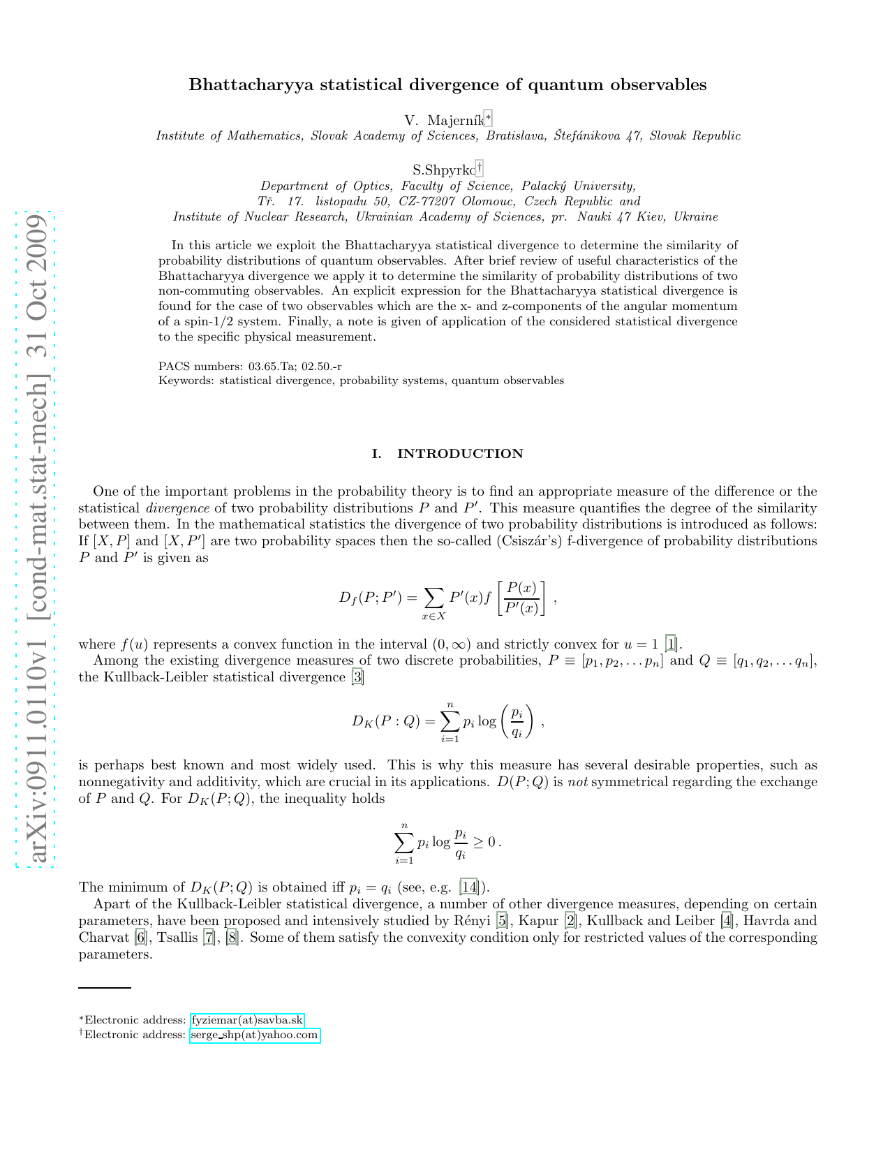 Bhattacharyya statistical divergence of quantum observables