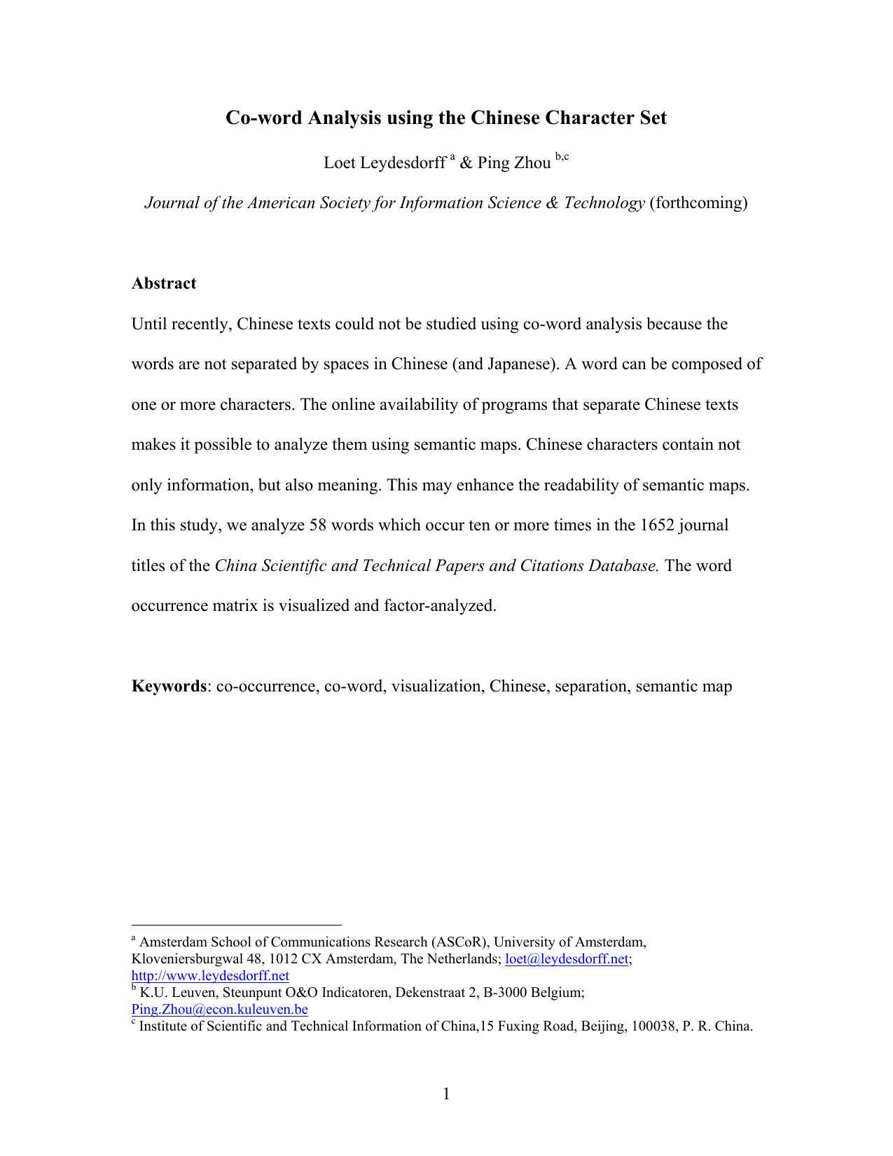 Co-word Analysis using the Chinese Character Set