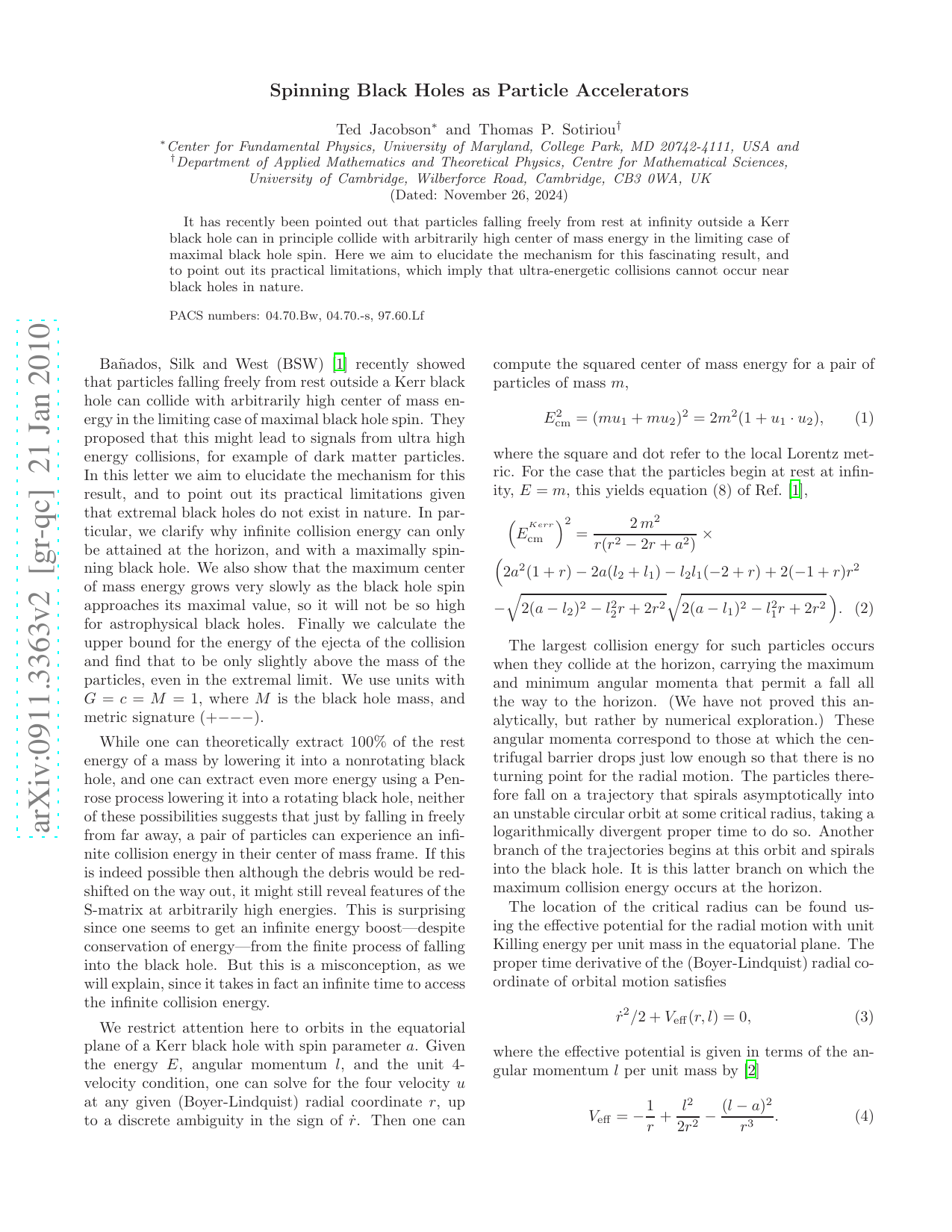 Spinning Black Holes as Particle Accelerators