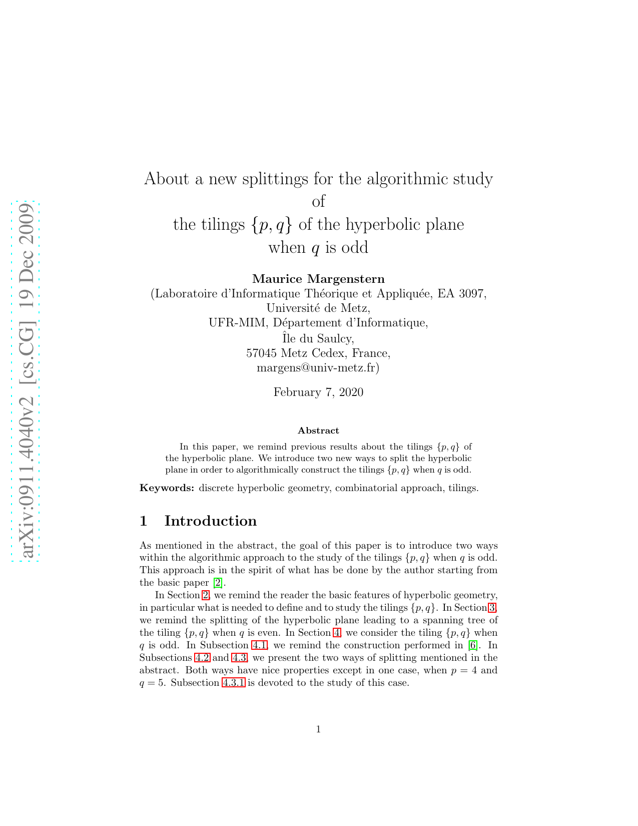 About a new splitting for the algorithmic study of the tilings ${p,q}$   of the hyperbolic plane when $q$ is odd