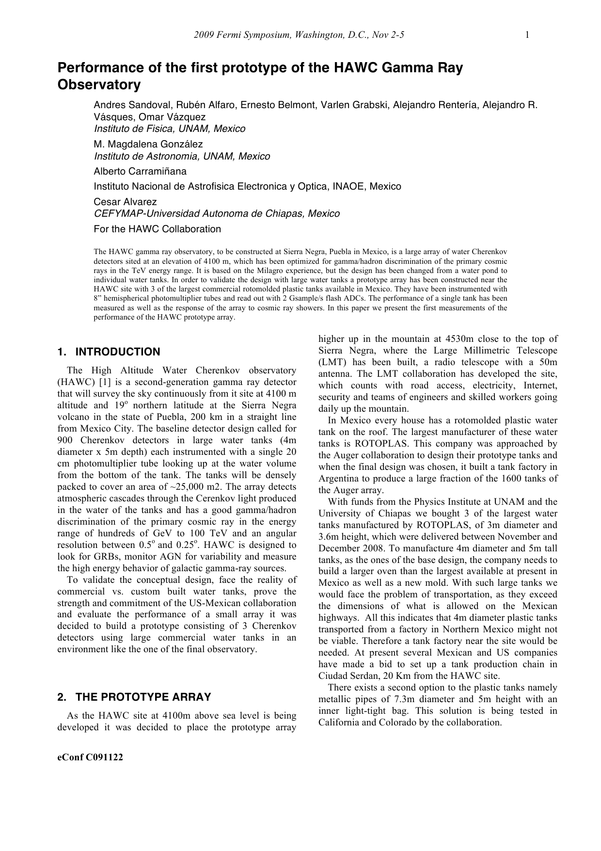 Performance of the first prototype of the HAWC Gamma Ray Observatory