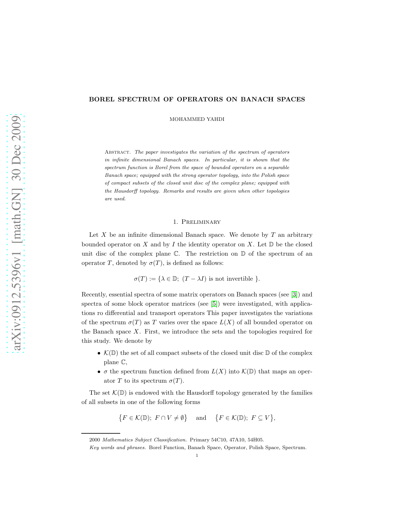 Borel Spectrum of Operators on Banach Spaces