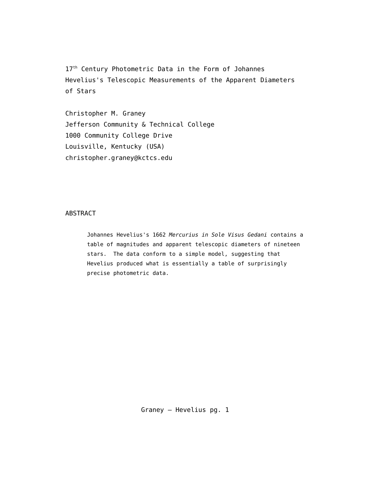 17th Century Photometric Data in the Form of Johannes Heveliuss   Telescopic Measurements of the Apparent Diameters of Stars