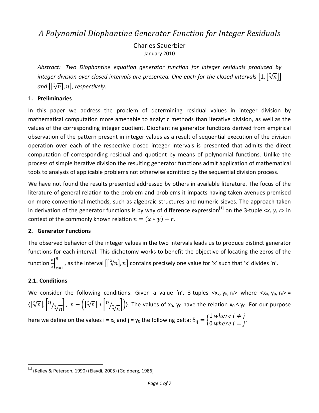 A Polynomial Diophantine Generator Function for Integer Residuals