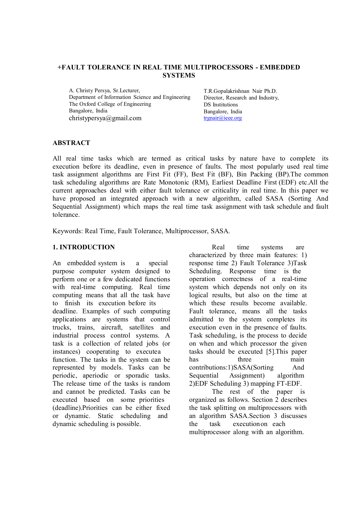 Fault Tolerance in Real Time Multiprocessors - Embedded Systems