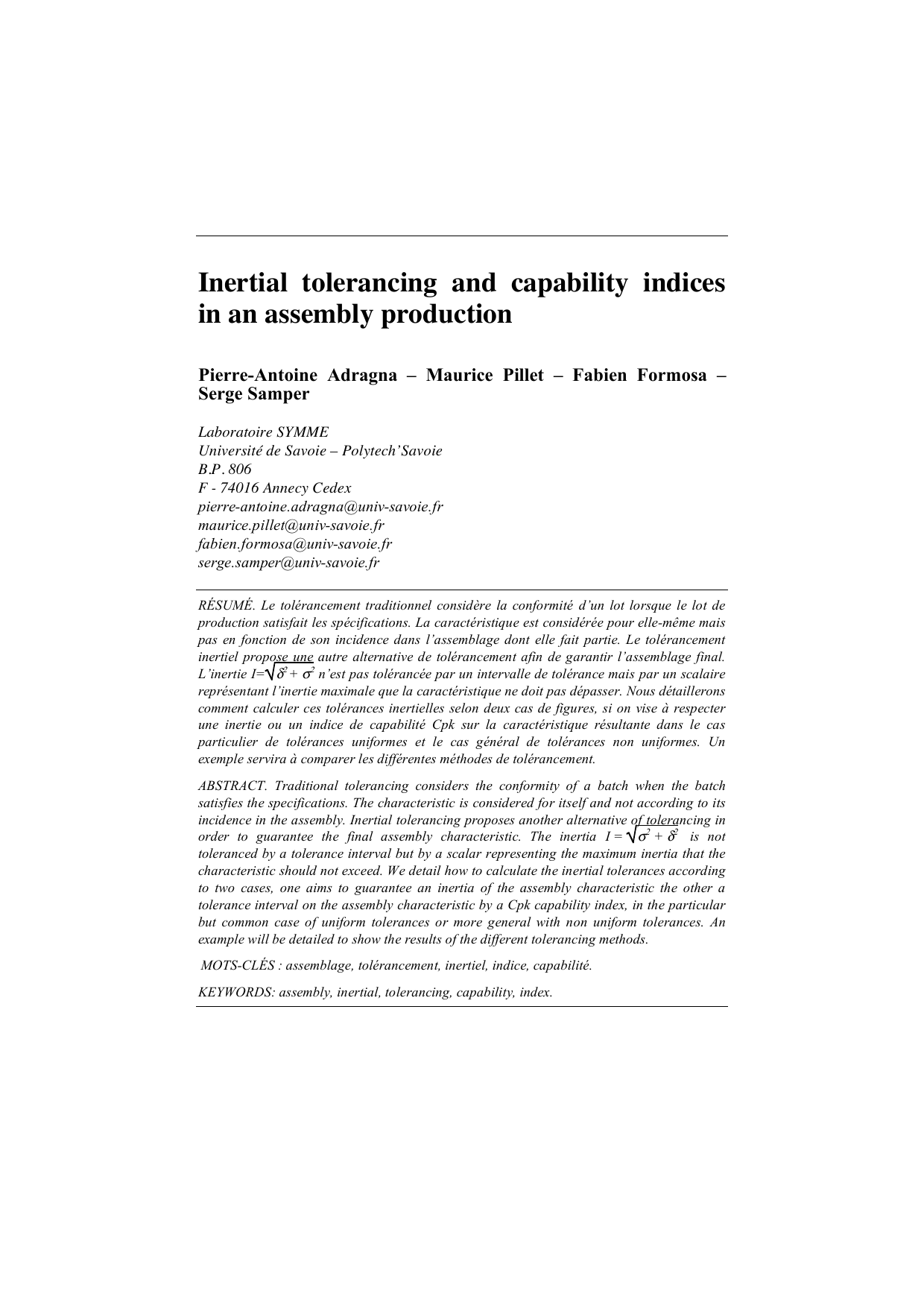 Inertial tolerancing and capability indices in an assembly production
