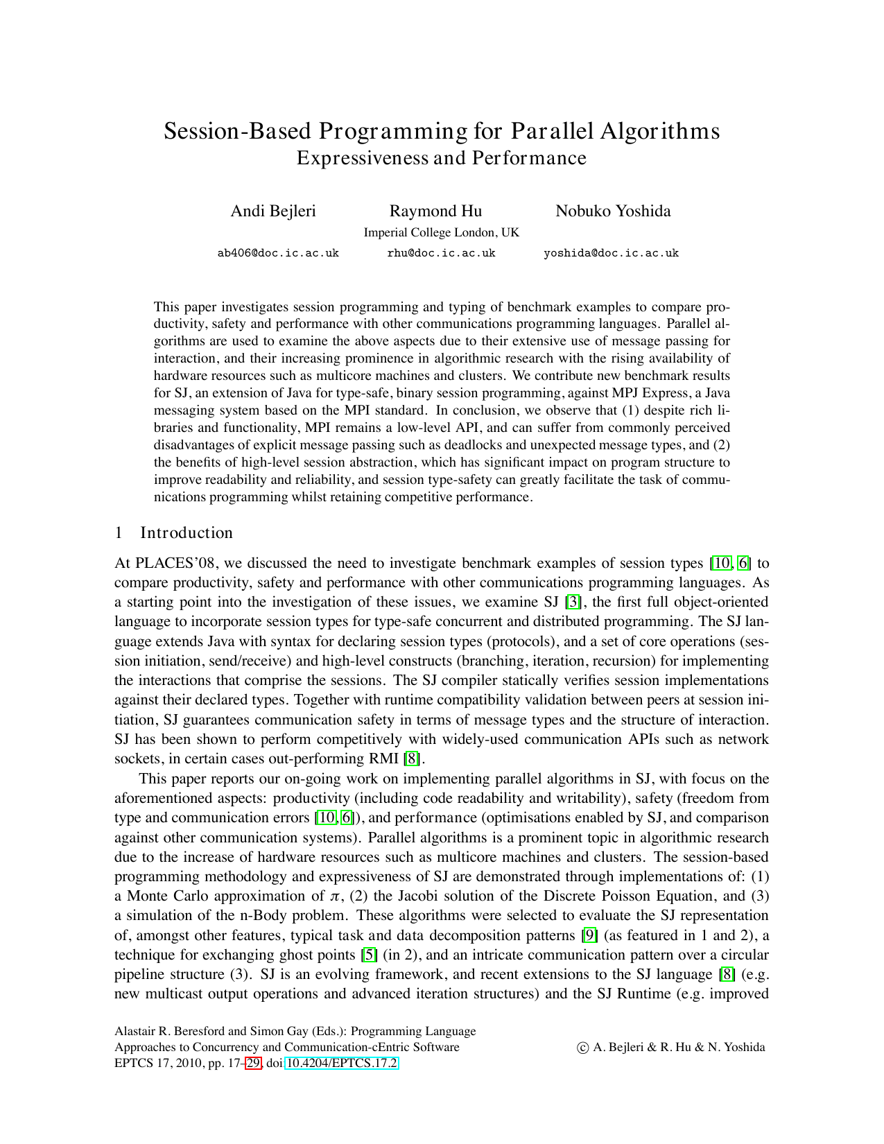 Session-Based Programming for Parallel Algorithms: Expressiveness and   Performance