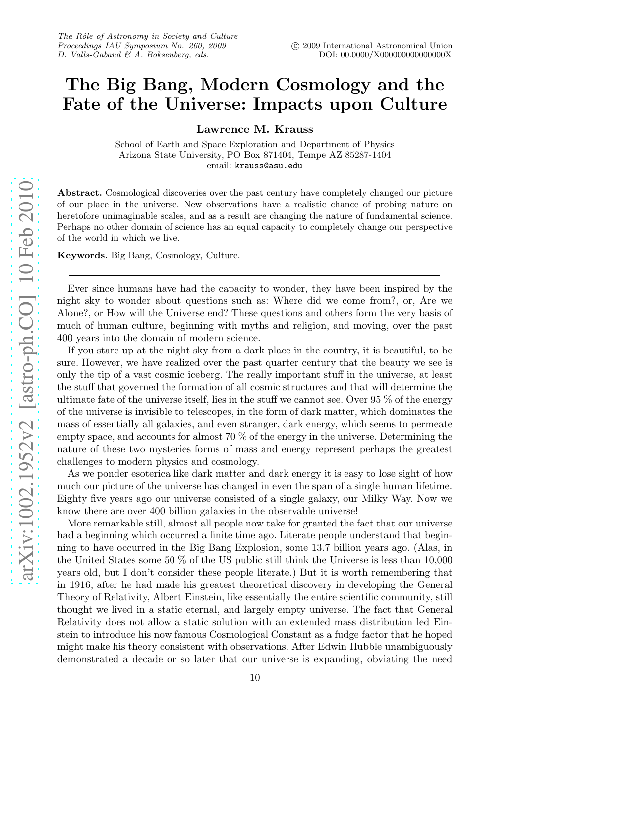 The Big Bang, Modern Cosmology and the Fate of the Universe: Impacts   upon Culture