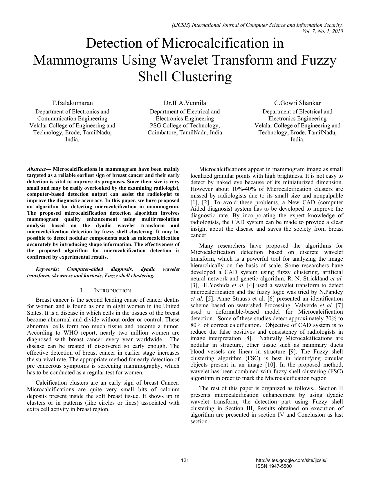 Detection of Microcalcification in Mammograms Using Wavelet Transform   and Fuzzy Shell Clustering