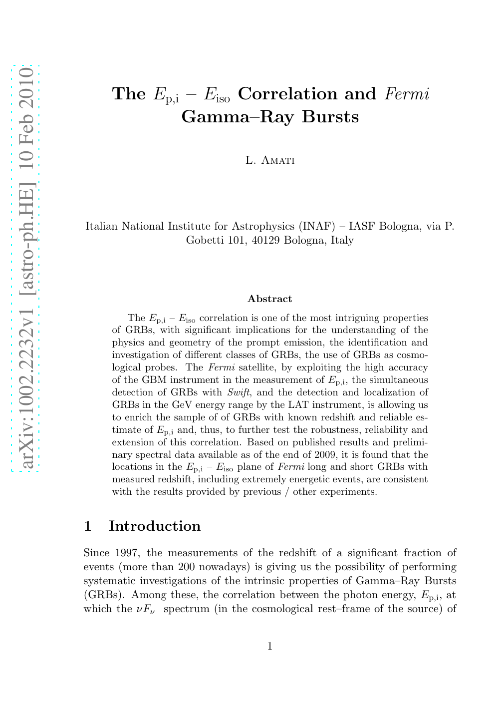 The Ep,i - Eiso correlation and Fermi Gamma-Ray Bursts