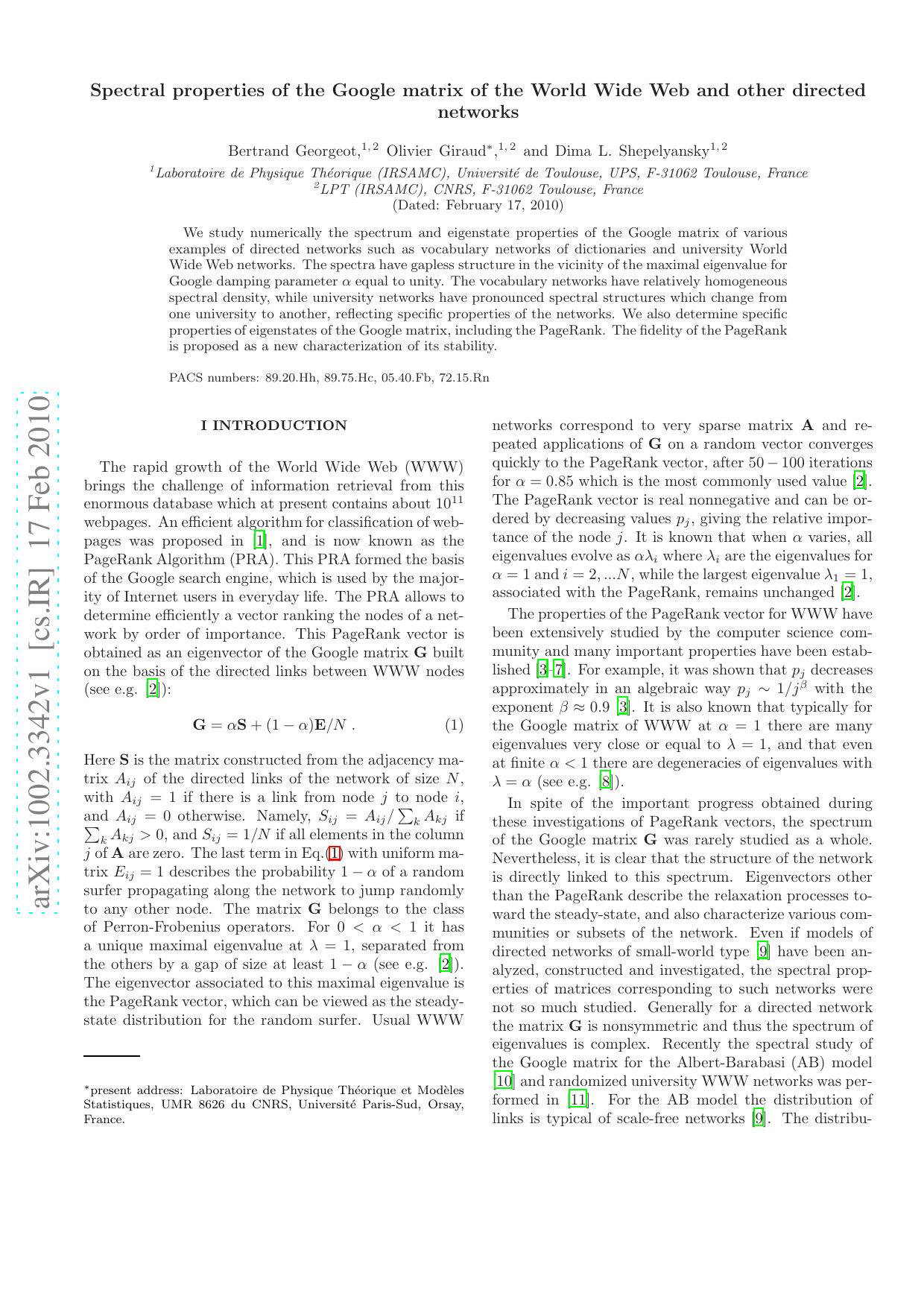 Spectral properties of the Google matrix of the World Wide Web and other directed networks