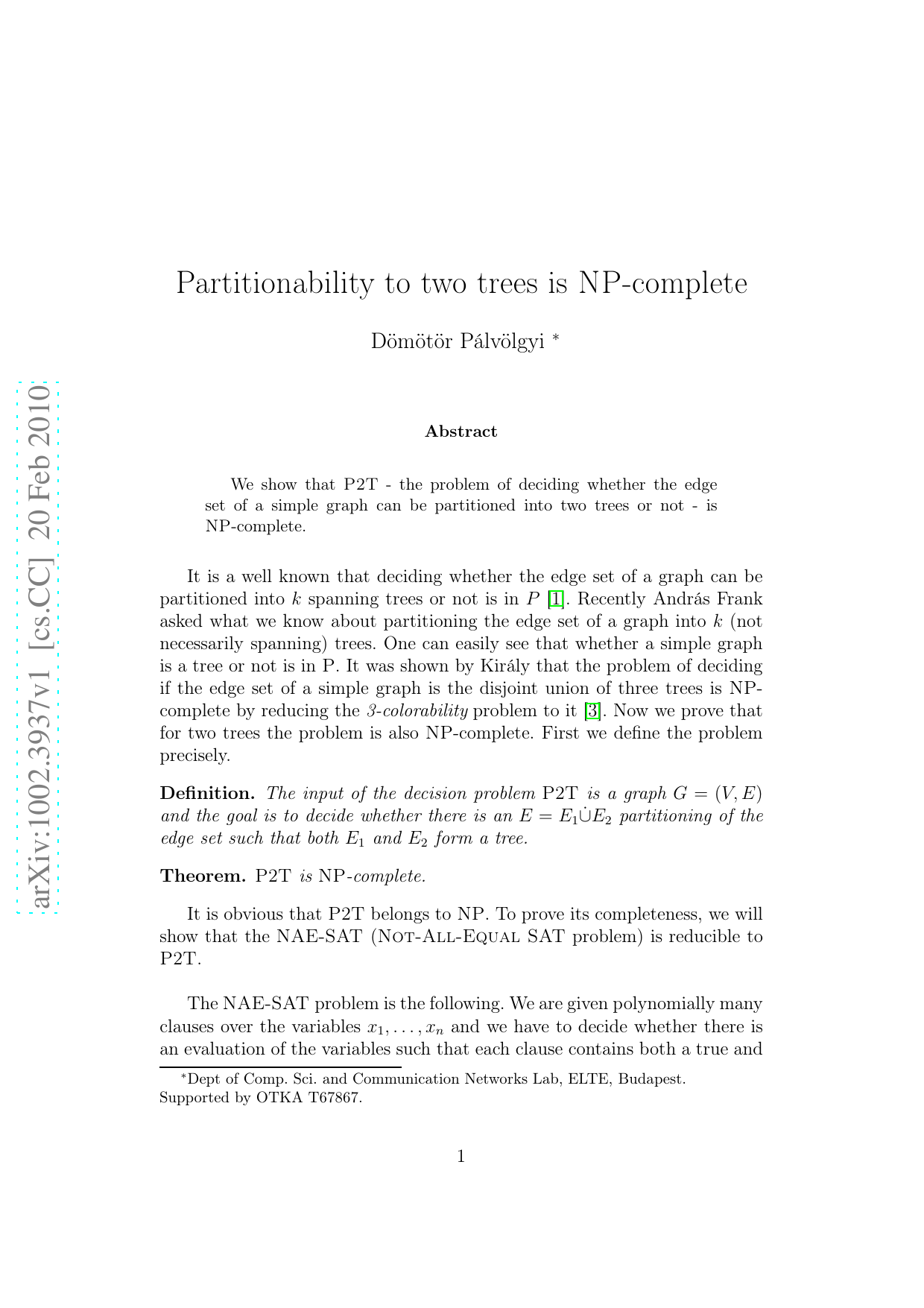 Partitionability to two trees is NP-complete