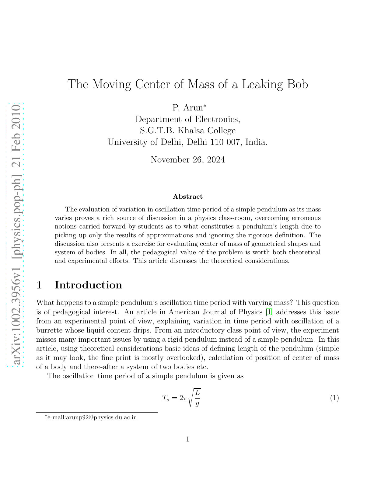 The Moving Center of Mass of a Leaking Bob