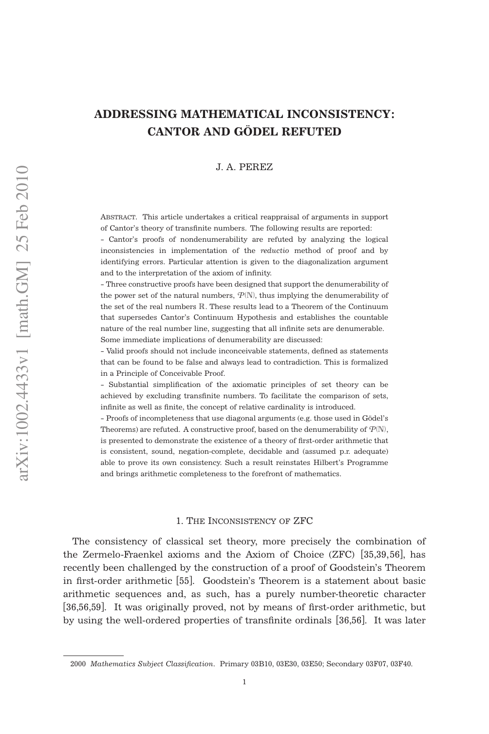 Addressing mathematical inconsistency: Cantor and Godel refuted