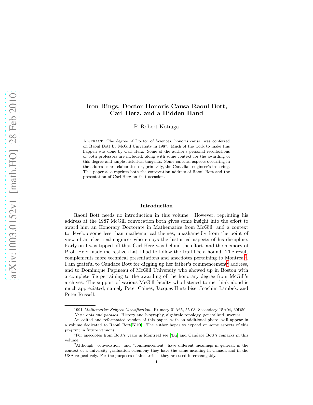 Iron Rings, Doctor Honoris Causa Raoul Bott, Carl Herz, and a Hidden   Hand