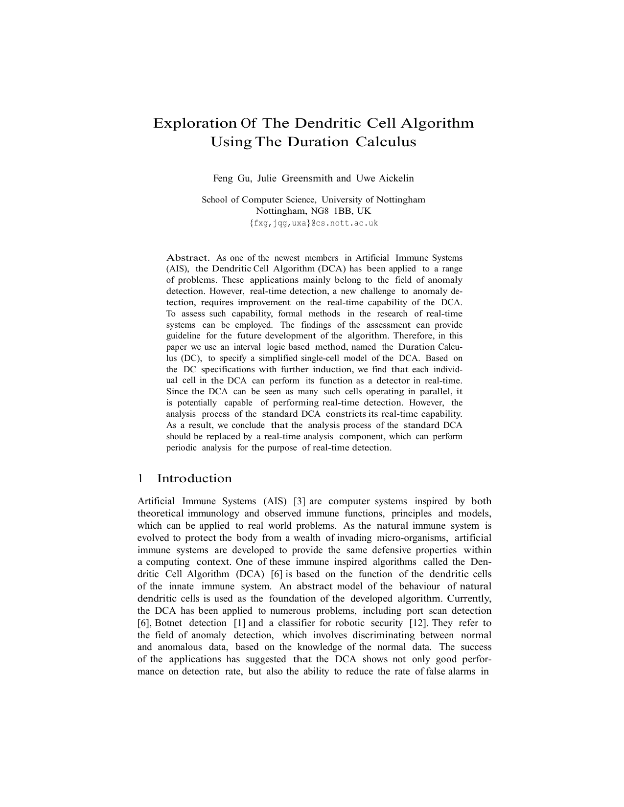 Exploration Of The Dendritic Cell Algorithm Using The Duration Calculus