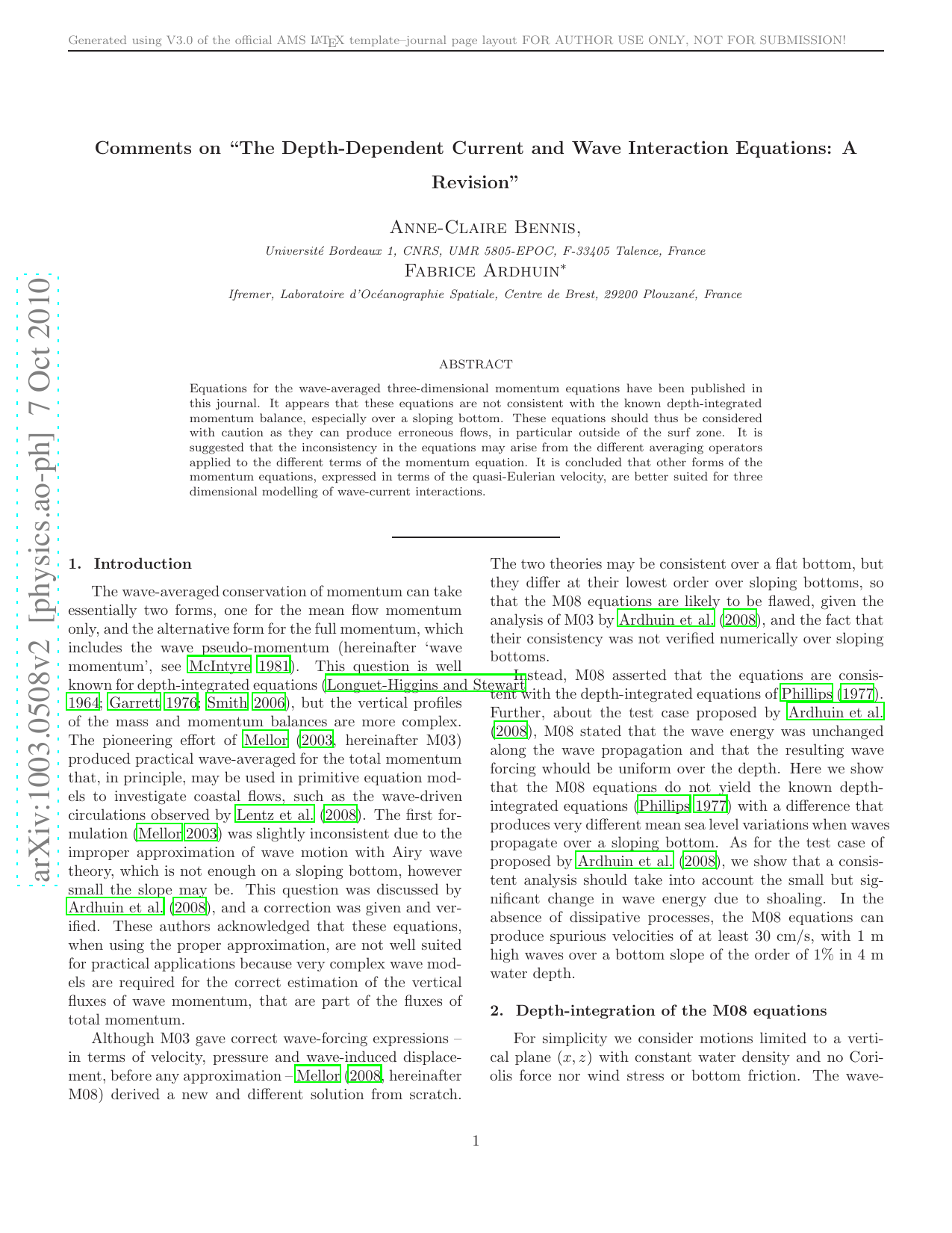 Comments on 'The Depth-Dependent Current and Wave Interaction Equations:   A Revision'