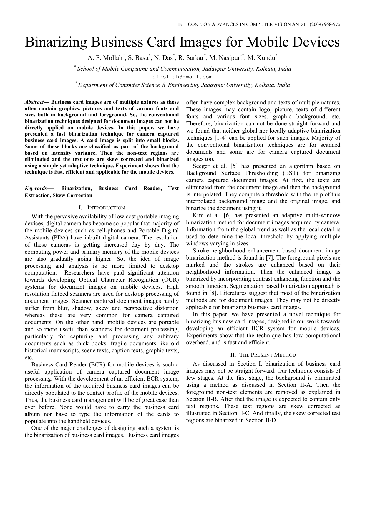 Binarizing Business Card Images for Mobile Devices