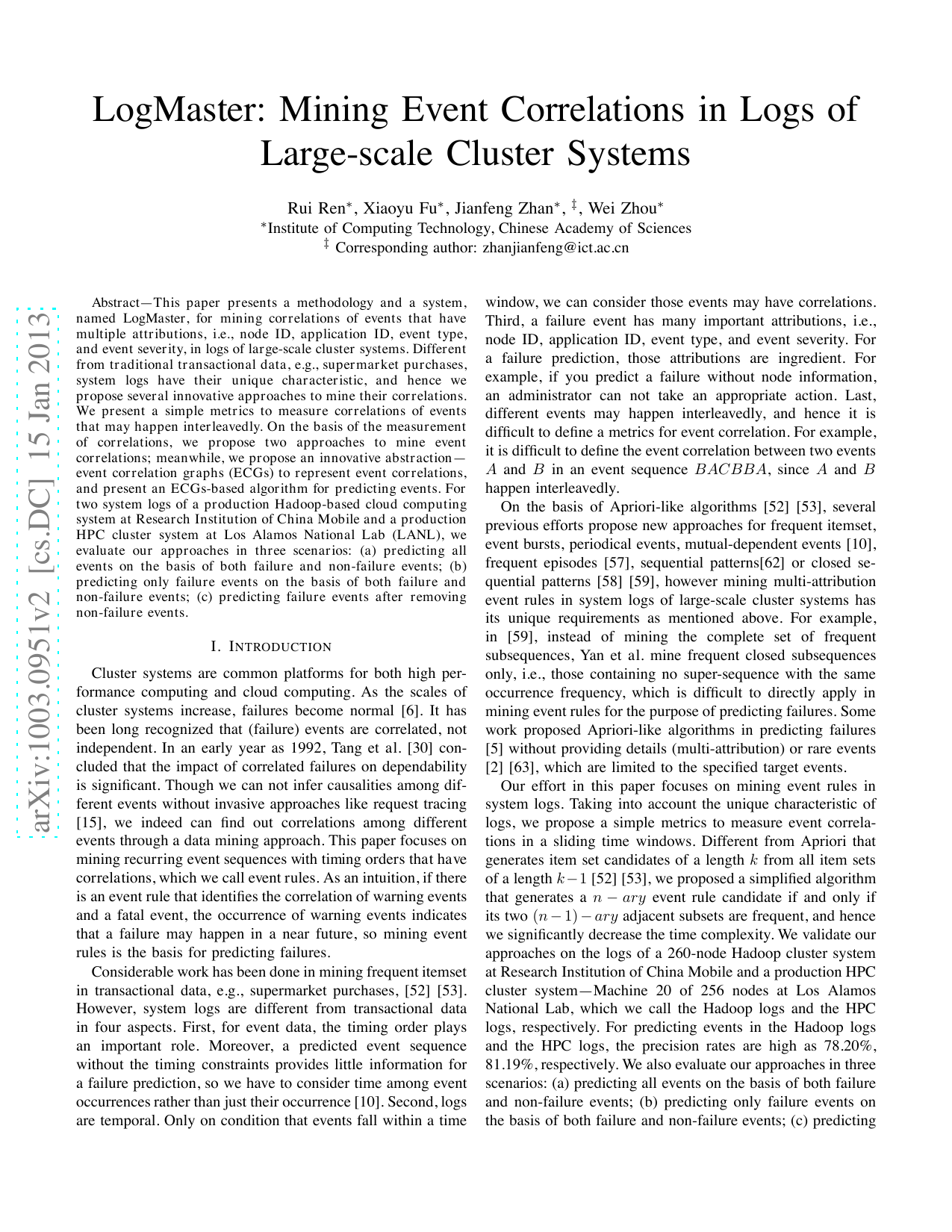 LogMaster: Mining Event Correlations in Logs of Large scale Cluster Systems