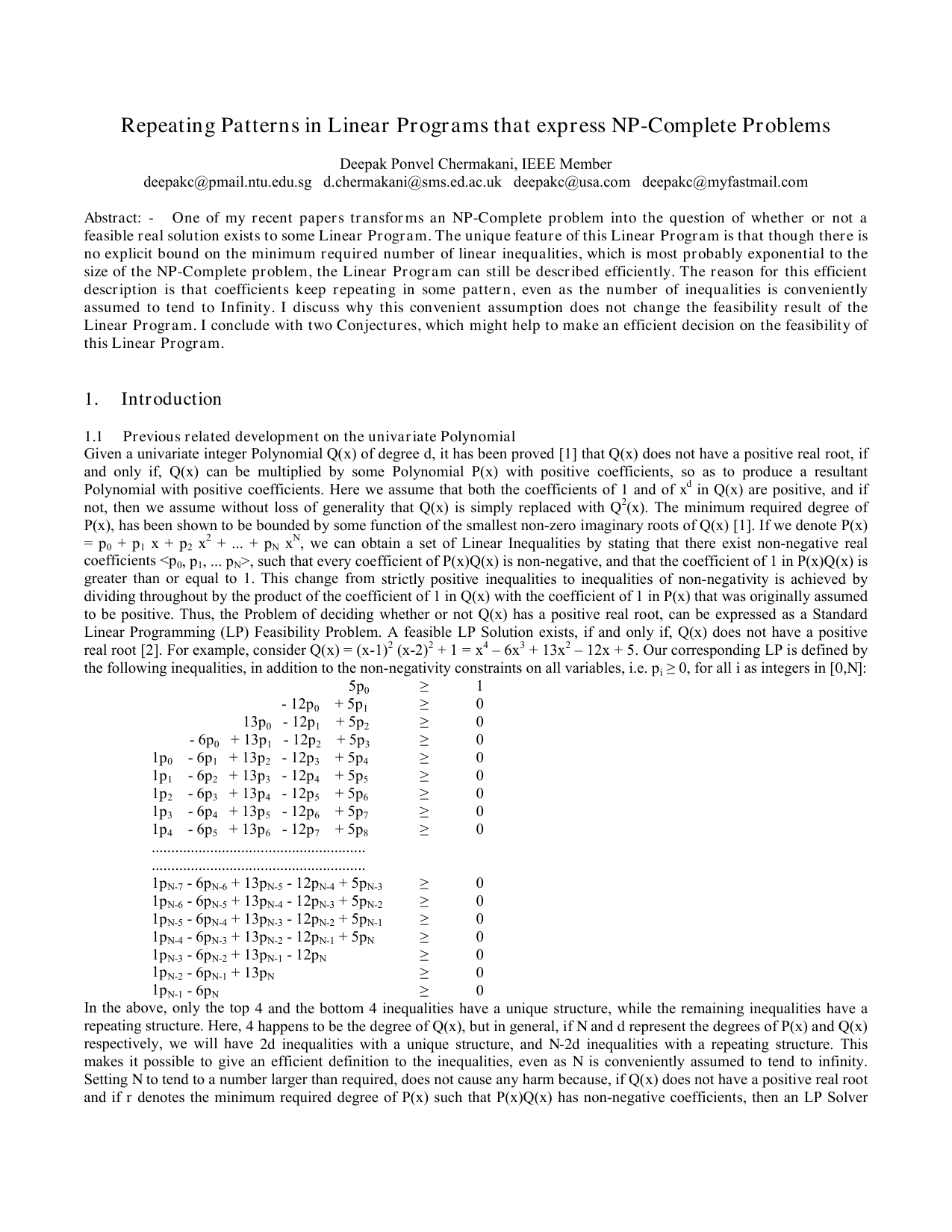 Repeating Patterns in Linear Programs that express NP-Complete Problems