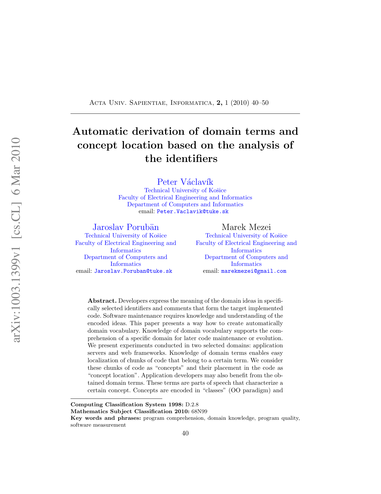 Automatic derivation of domain terms and concept location based on the   analysis of the identifiers