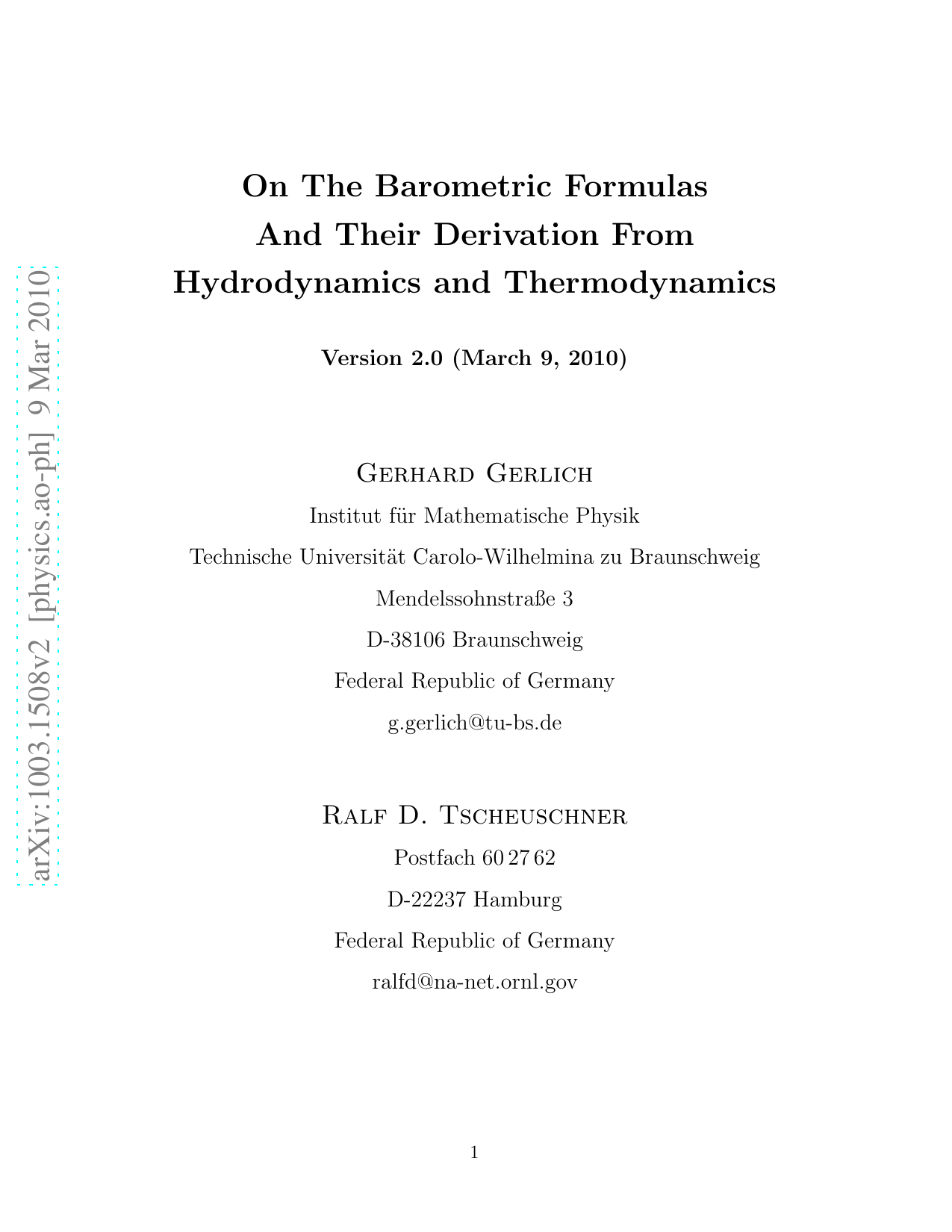 On The Barometric Formulas And Their Derivation From Hydrodynamics and   Thermodynamics