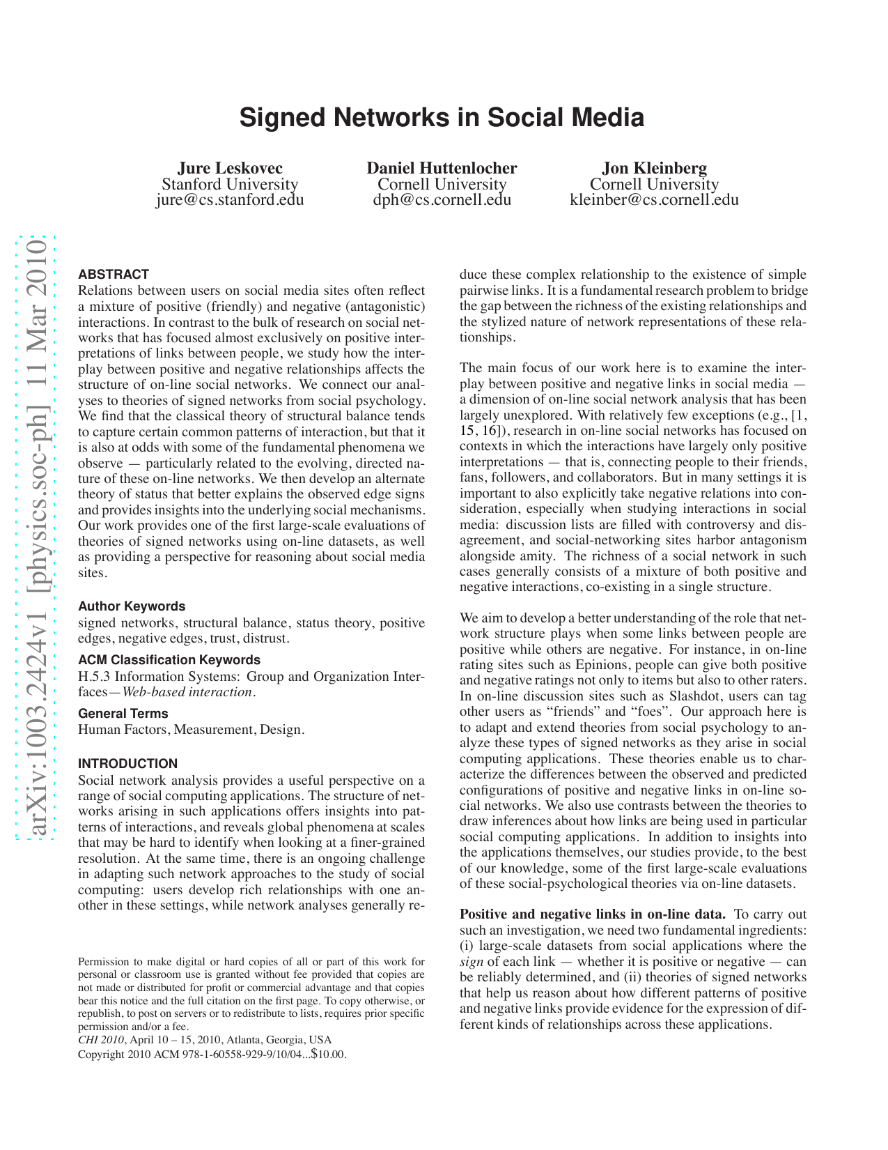 Signed Networks in Social Media