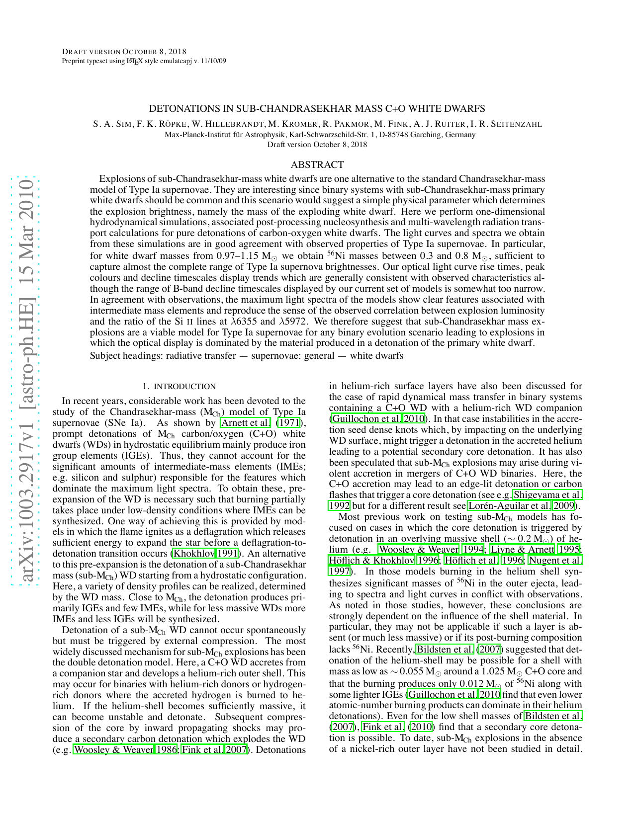 Detonations in Sub-Chandrasekhar Mass C+O White Dwarfs