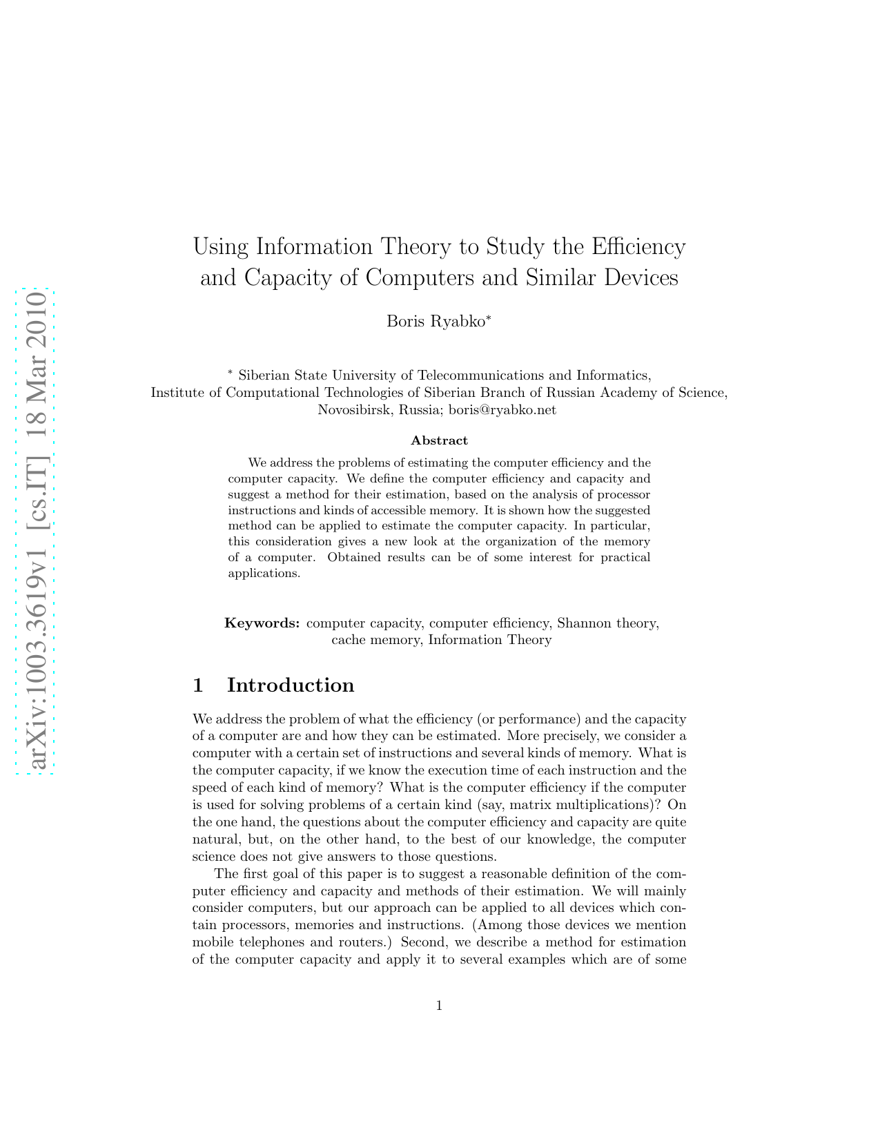 Using Information Theory to Study the Efficiency and Capacity of Computers and Similar Devices
