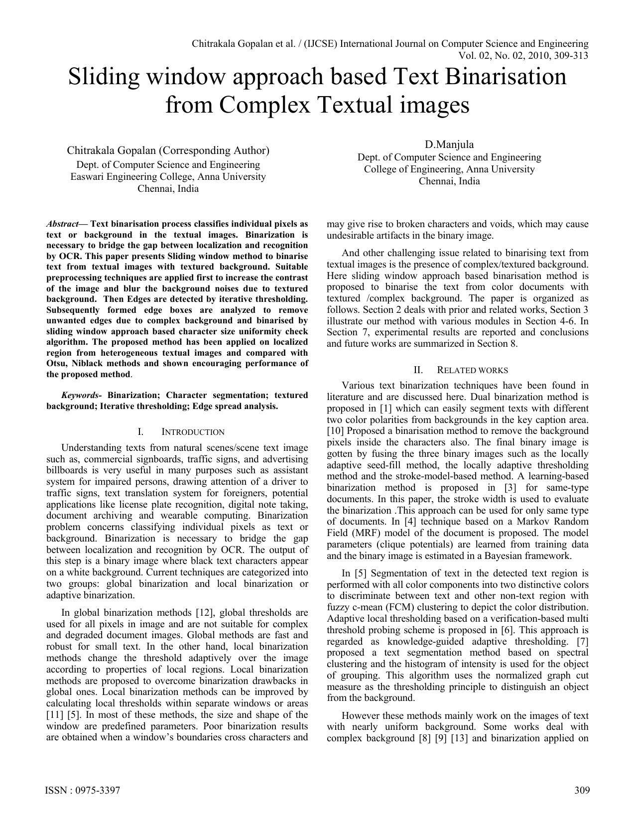 Sliding window approach based Text Binarisation from Complex Textual   images