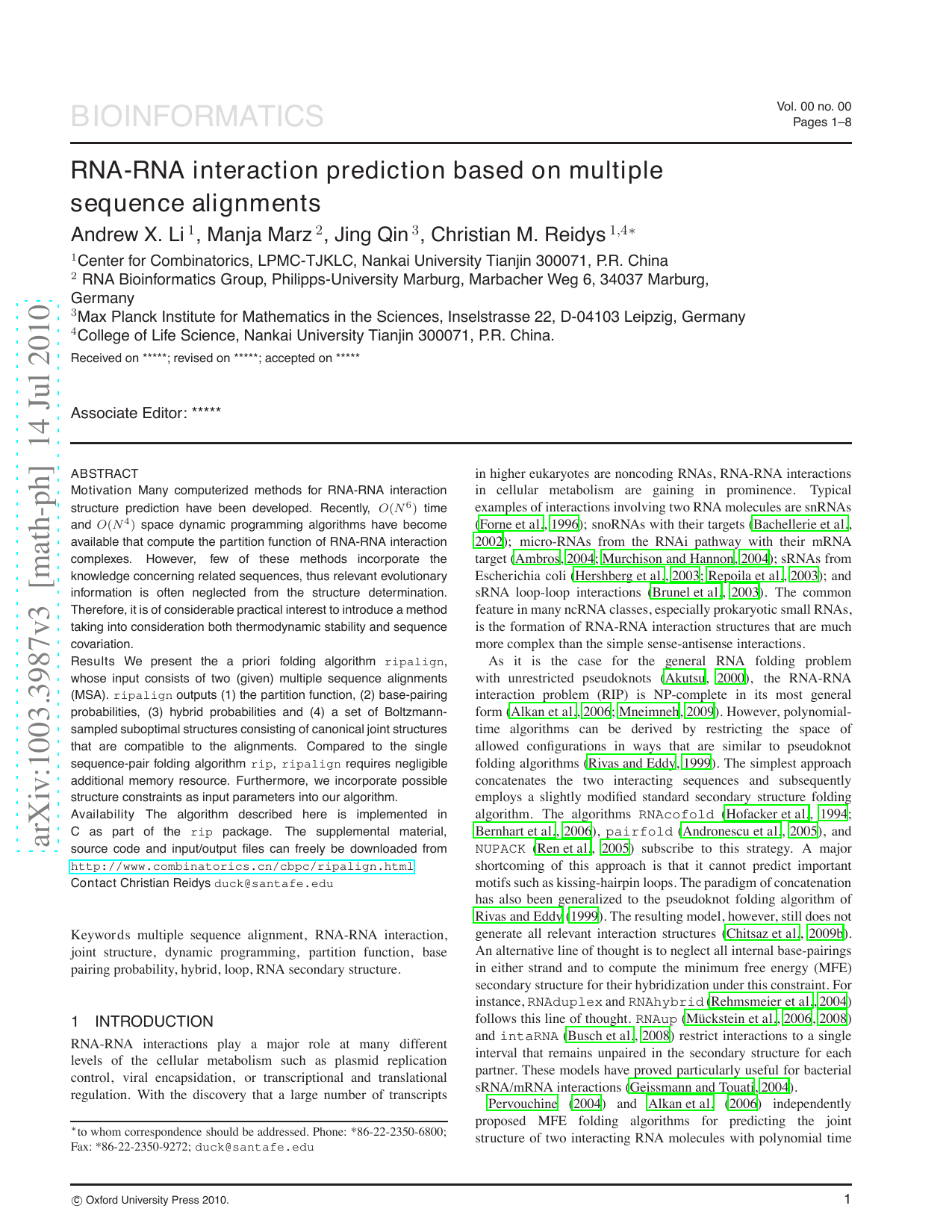 RNA-RNA interaction prediction based on multiple sequence alignments